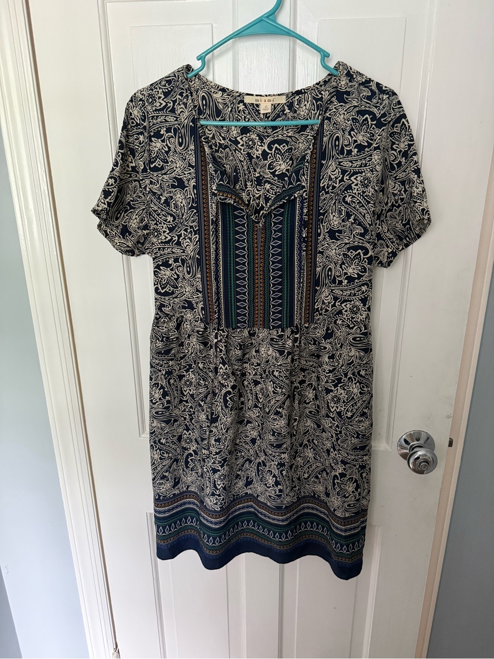 Miami size large Navy & Cream Paisley Boho Dress with Striped Panel